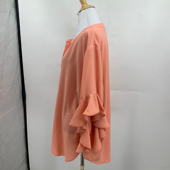 Vince Camuto Blouse Womens 3X Plus Salmon Split Neck Ruffle Sleeve Pintuck Top - Picture 5 of 12
